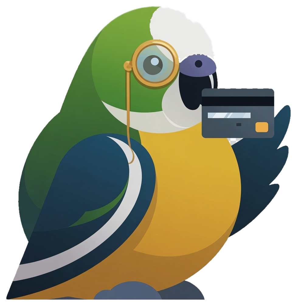 Pudgy the budgie wearing a monocle and holding a payment card