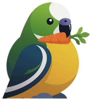 Pudgy the budgie, Budgetto's round green-and-yellow mascot, happily holding a carrot