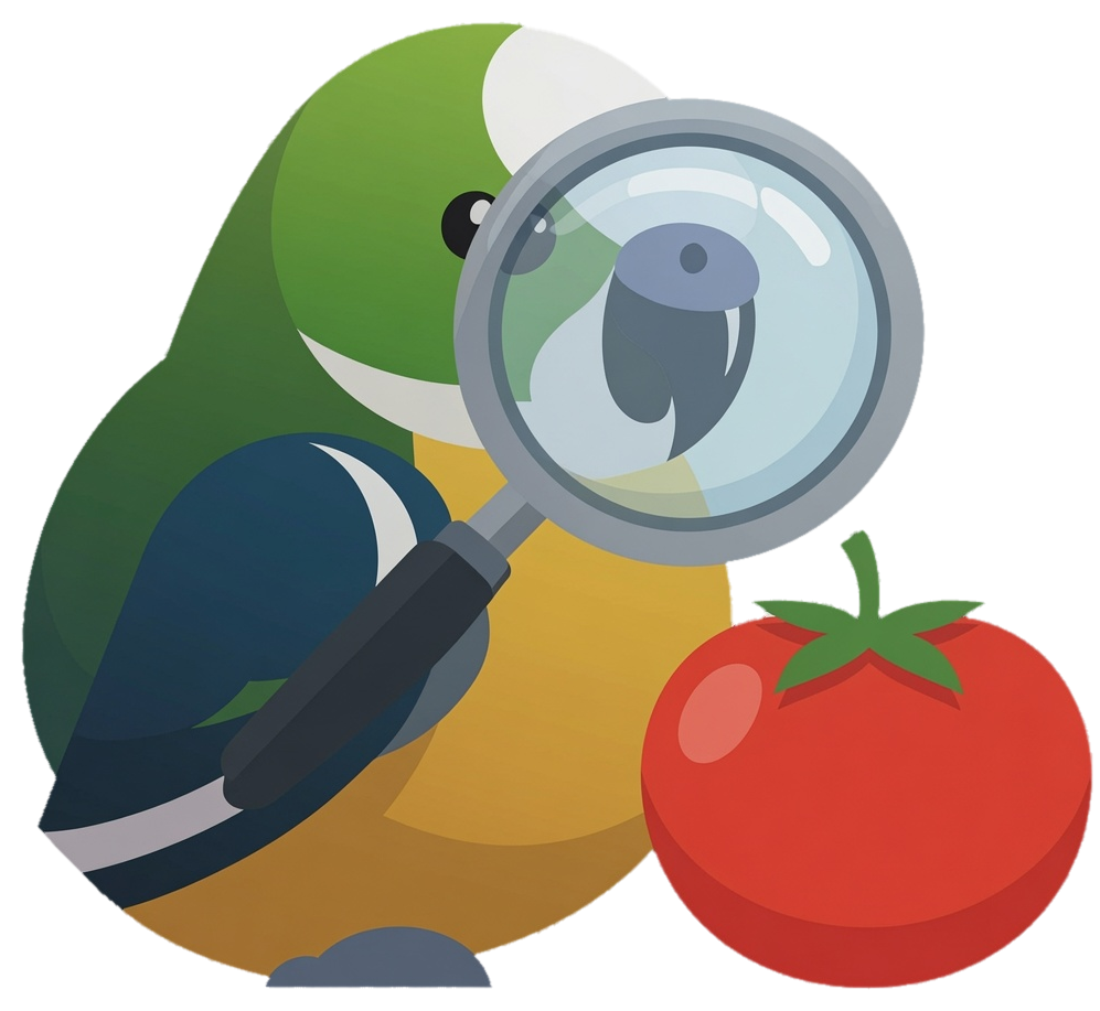 Pudgy the budgie inspecting a tomato through a magnifying glass