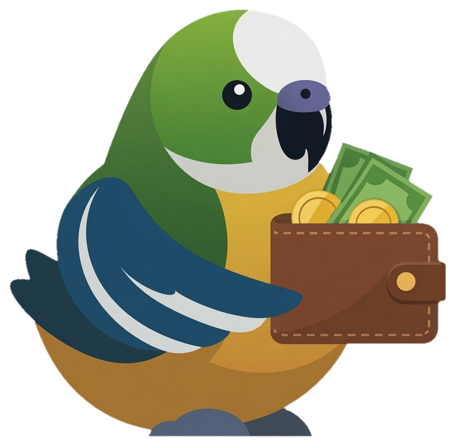 Pudgy the budgie holding a wallet