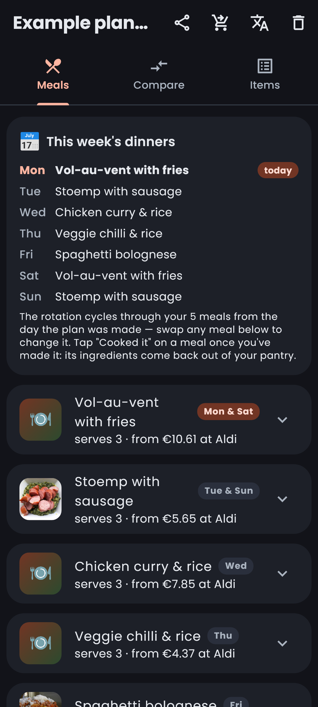 Budgetto's plan screen: a week of dinners written by the app